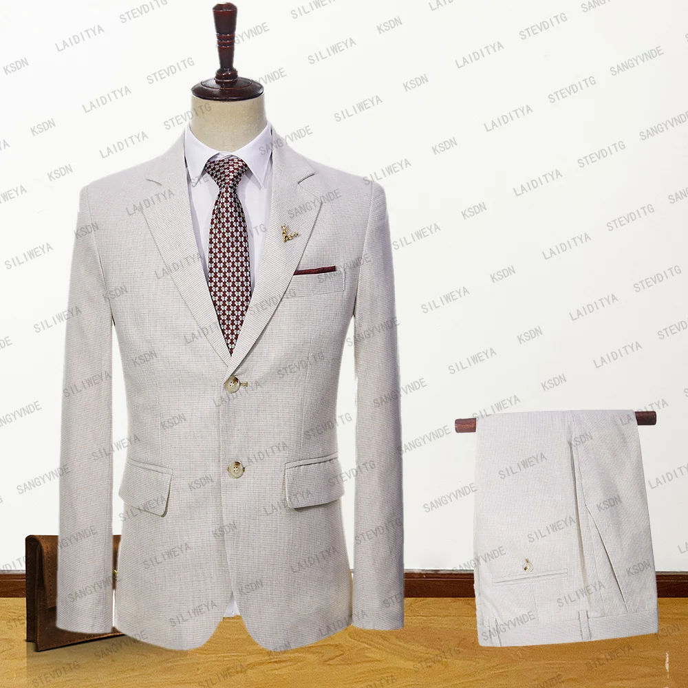 

2023 New High End Men Suit 2 Pcs Jacket Pants Summer Business Official Khaki Purity Linen Slim Groom Wedding Dress