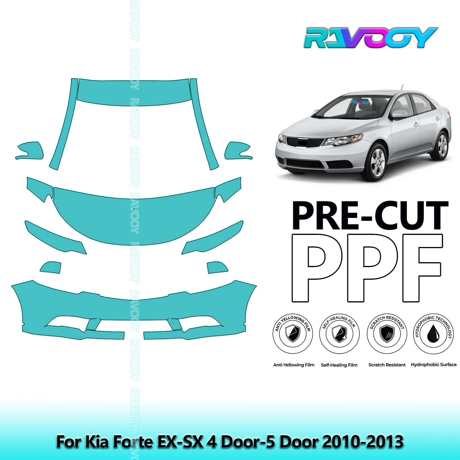 For Kia Forte EX-SX 4 Door-5 Door 2010-2013 Partial Front Pre-Cut Paint Protection Film PPF Stone Chip Kit | Clear/Matte/Black