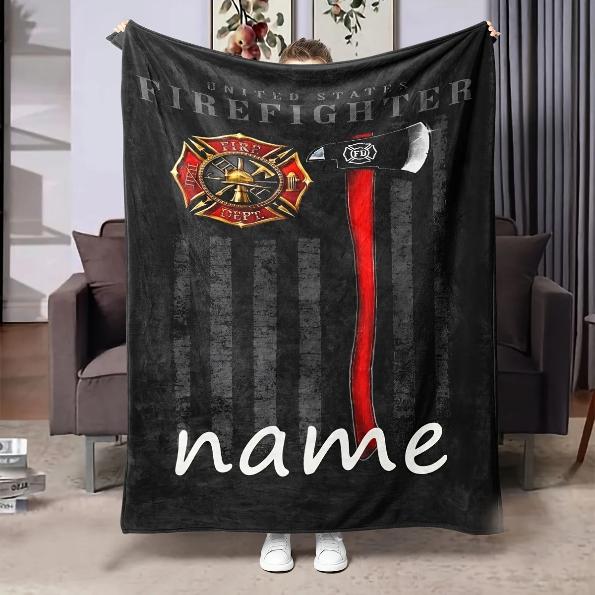 Patriotic Firefighter Throw Blanket for Men United States Fire Department Decor Cozy USA American Fireman Gift Home Accent Throw