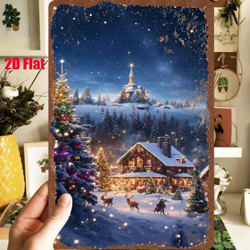2D Flat - 1pc 2D[Flat] Metal Sign Retro Tin Painting 8X12 Inches/20X30 Cm, Depicting a Cozy Cabin And Reindeer in a Snowy Winter