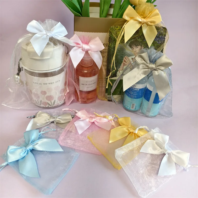 

50pcs Bow Organza Gift Bags Transparent Mesh Drawstring Pouches for Wedding Party Favor Candy Jewelry Cosmetics Perfume Bo