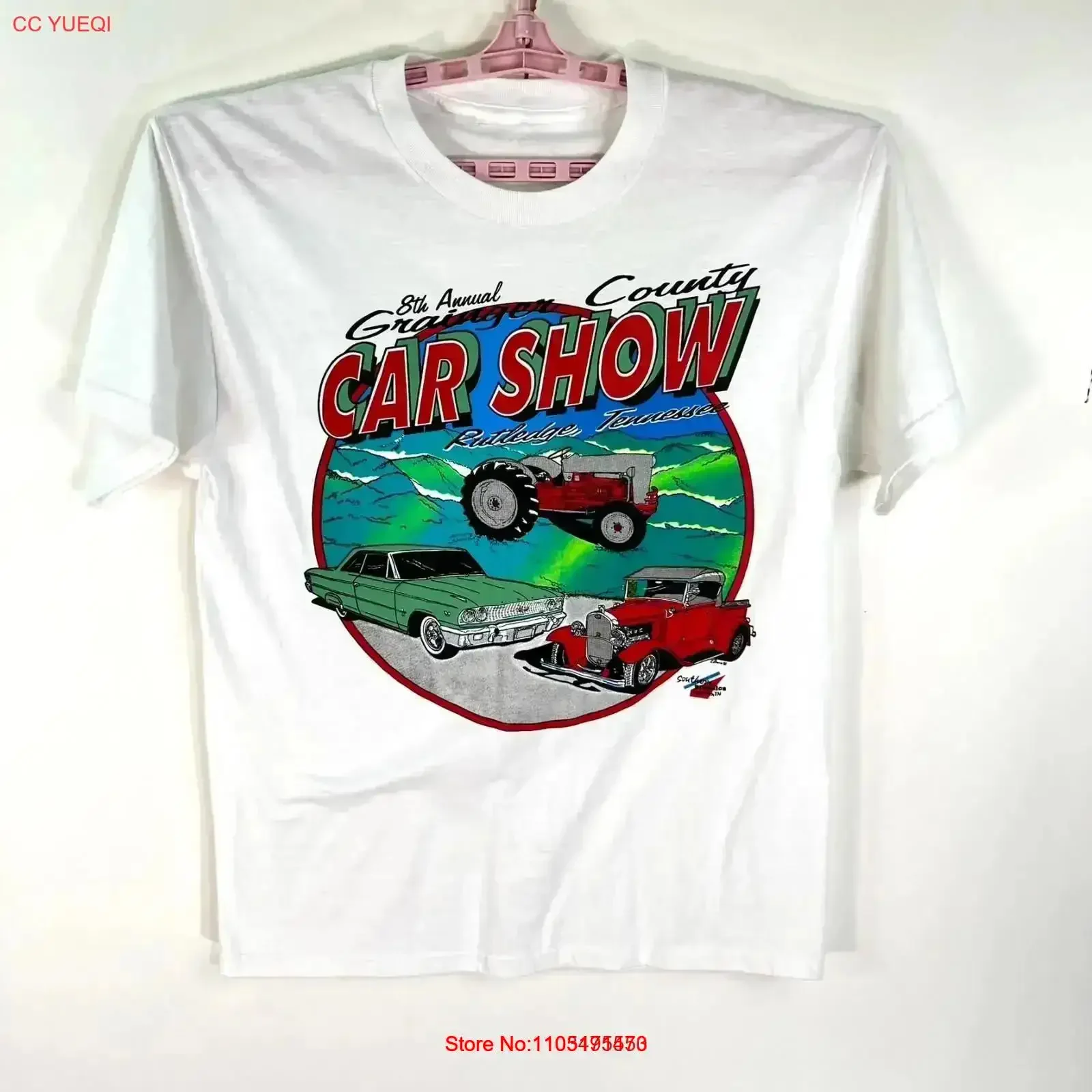 تي شيرت رجالي من Grainger Car Show مقاس L أبيض 8th Annual Rutledge Tenn عتيق جرافيك مغسول مريح كاجوال عتيق مغسول