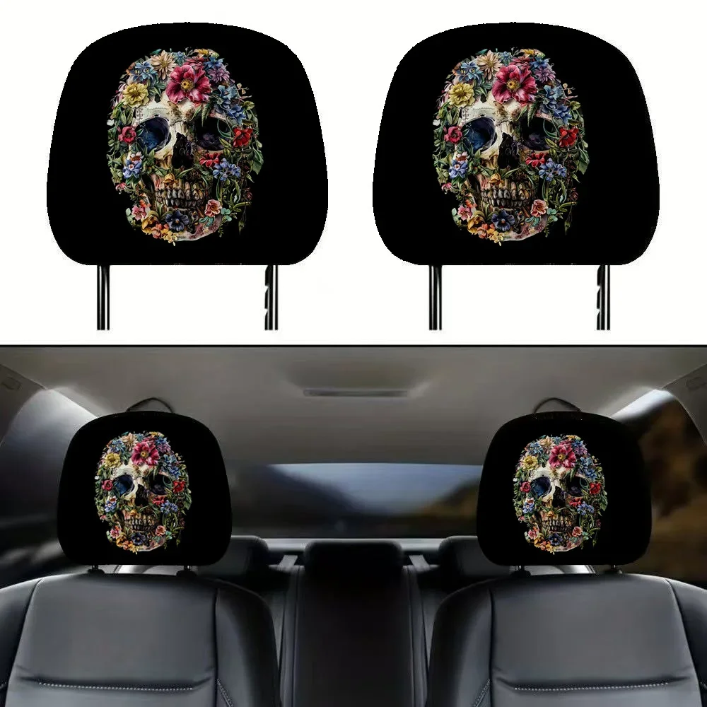 2pcs Headrest Covers Car 2pcs Headrest Covers Horror Black Skull Car Print Universal Stretchy Decoration Cover 2pcs