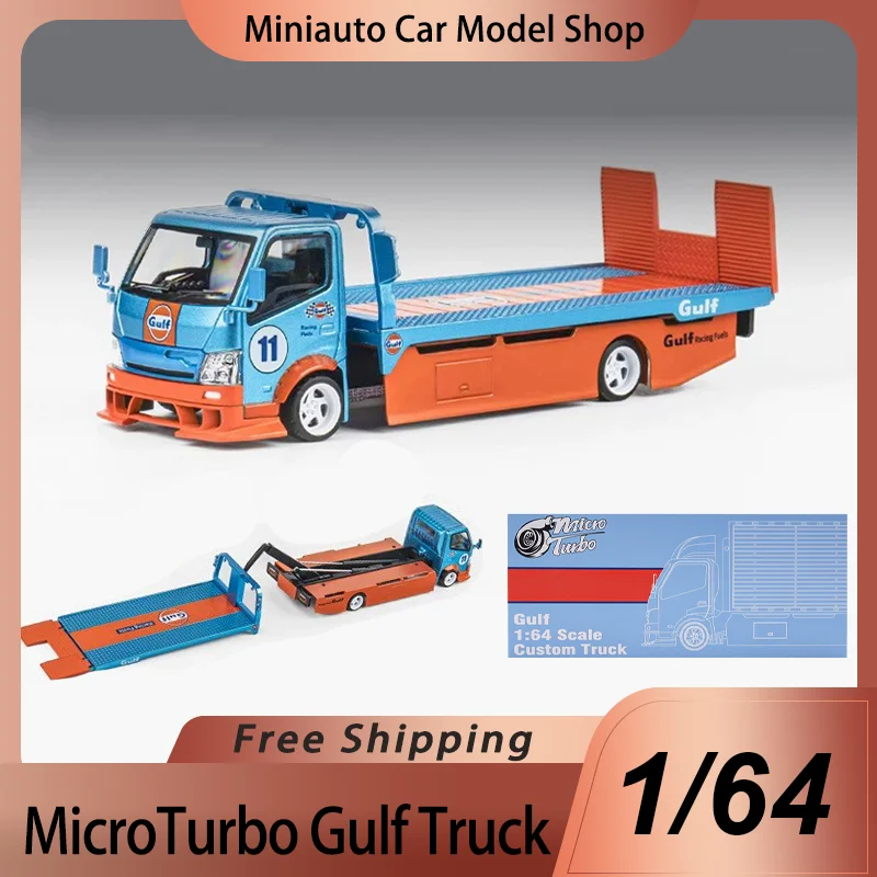 Nuevo en Stock, Microturbo 1:64, camión de remolque de plataforma del Golfo, aleación en miniatura, modelo fundido a presión, camión personalizado del Golfo, juguetes de adorno, regalo para niños