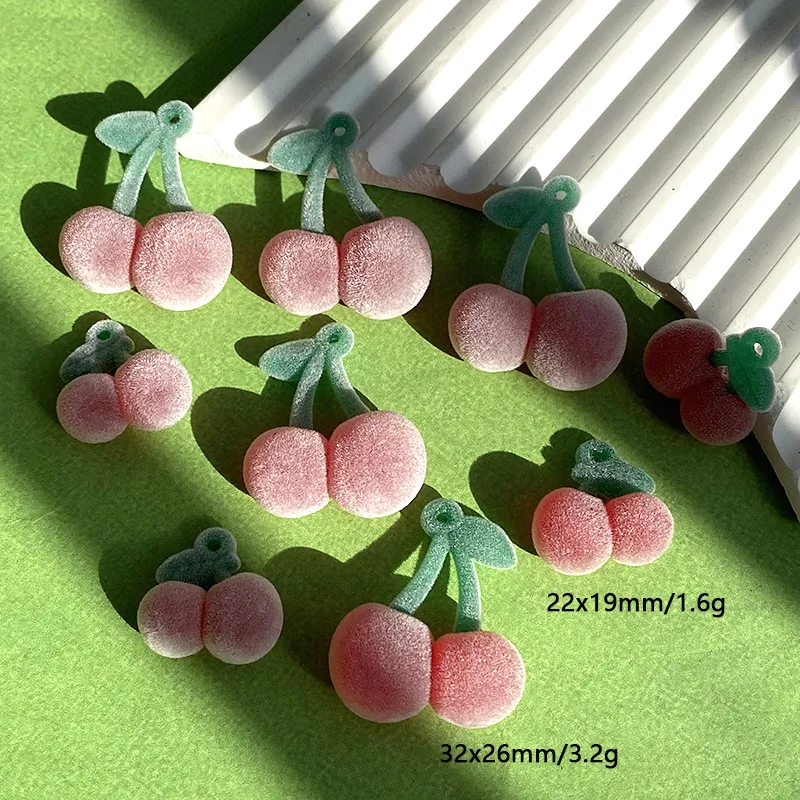 6pcs Big Small Flocked Cherry Acrylic Charms Sweet Fruit Pendant For Earring Keychains Diy Jewelry Make