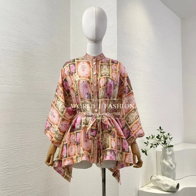 Conjunto de blusa y pantalones con cuello levantado y manga larga con estampado floral rosa Seda 2025 Alta calidad