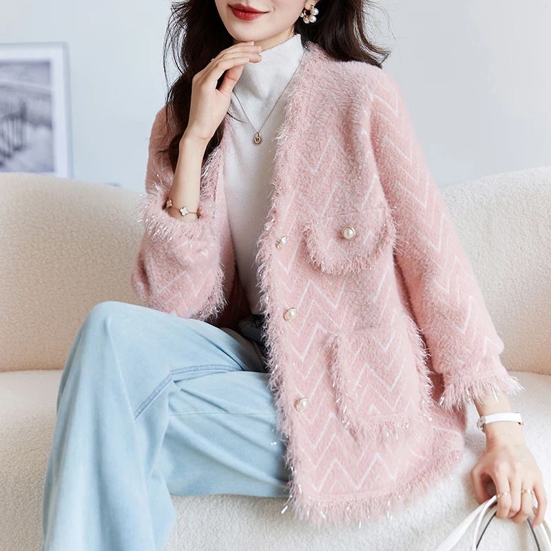 Faionable-abrigo de punto de fraancia pequeña para mujer, cárdigan de Color puro de fibra de poliéster Thiened para otoño e invierno