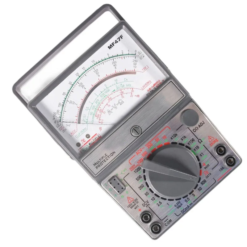 

Мультиметр MF47F с ручным указателем для электрических измерений: напряжение (постоянное/переменное), ток, индуктивность, сопротивление, проверка целостности цепи, зуммер.
