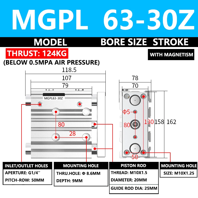 ABILKEEN MGPL Series Pneumatic Compact Guide Cylinder MGPL63-30Z 63MM Bore X 30MM Stroke Three Axis Thin Three Rod Air Cylinder