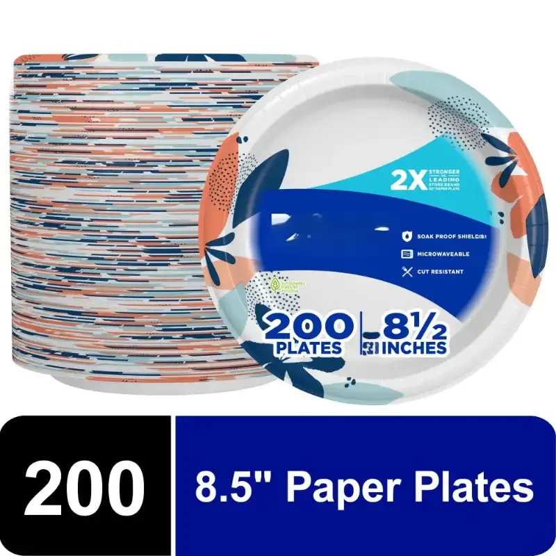 Paper Plates, 8.5 inch, 200 Count, 2X Stronger*, Multicolor, Disposable Plates