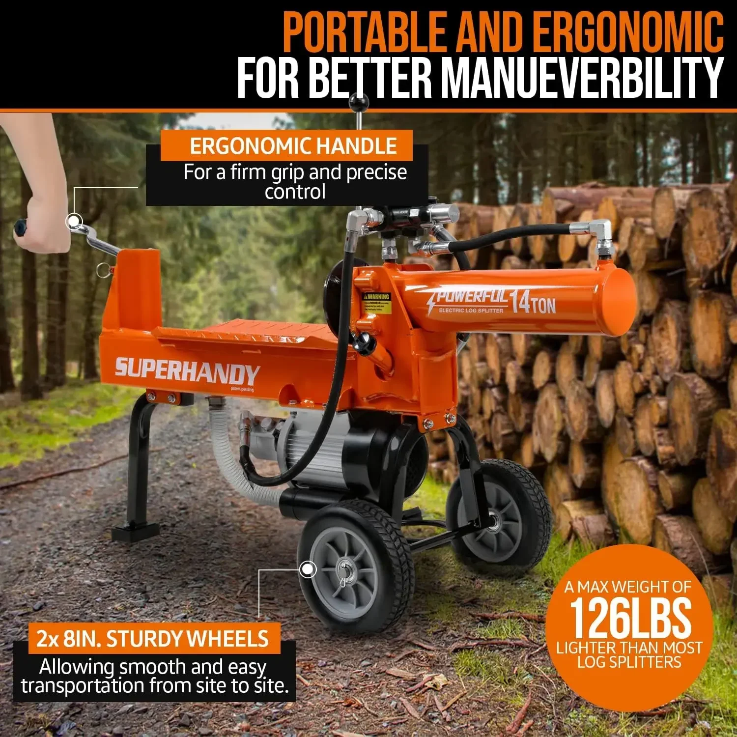 SuperHandy Log Splitter المحمولة الكهربائية 14 طن الإرجاع التلقائي السريع نظام رام الهيدروليكي مضخة تروس بوكر 2.5eHP