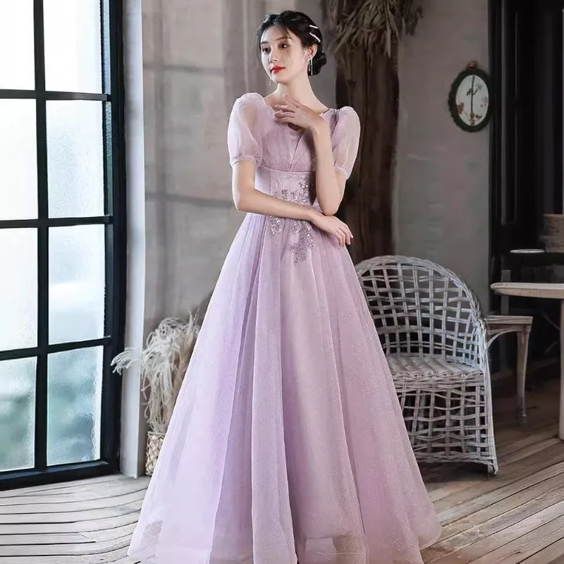 2025 Women's New Mesh Sexy V-neck Sparkling Evening Dress Fashionable Slimming Princess Sleeve Banquet President's Dress