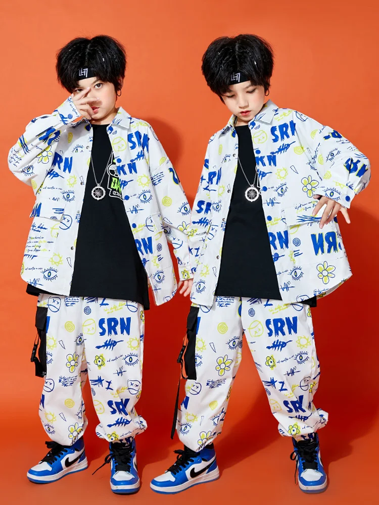 Mode Weiß Hip Hop Kostüm Für Kinder Straße Tanzen Leistung Outfit Jungen Lose Trainingsanzug Mädchen Jazz Dance Kleidung BL10035