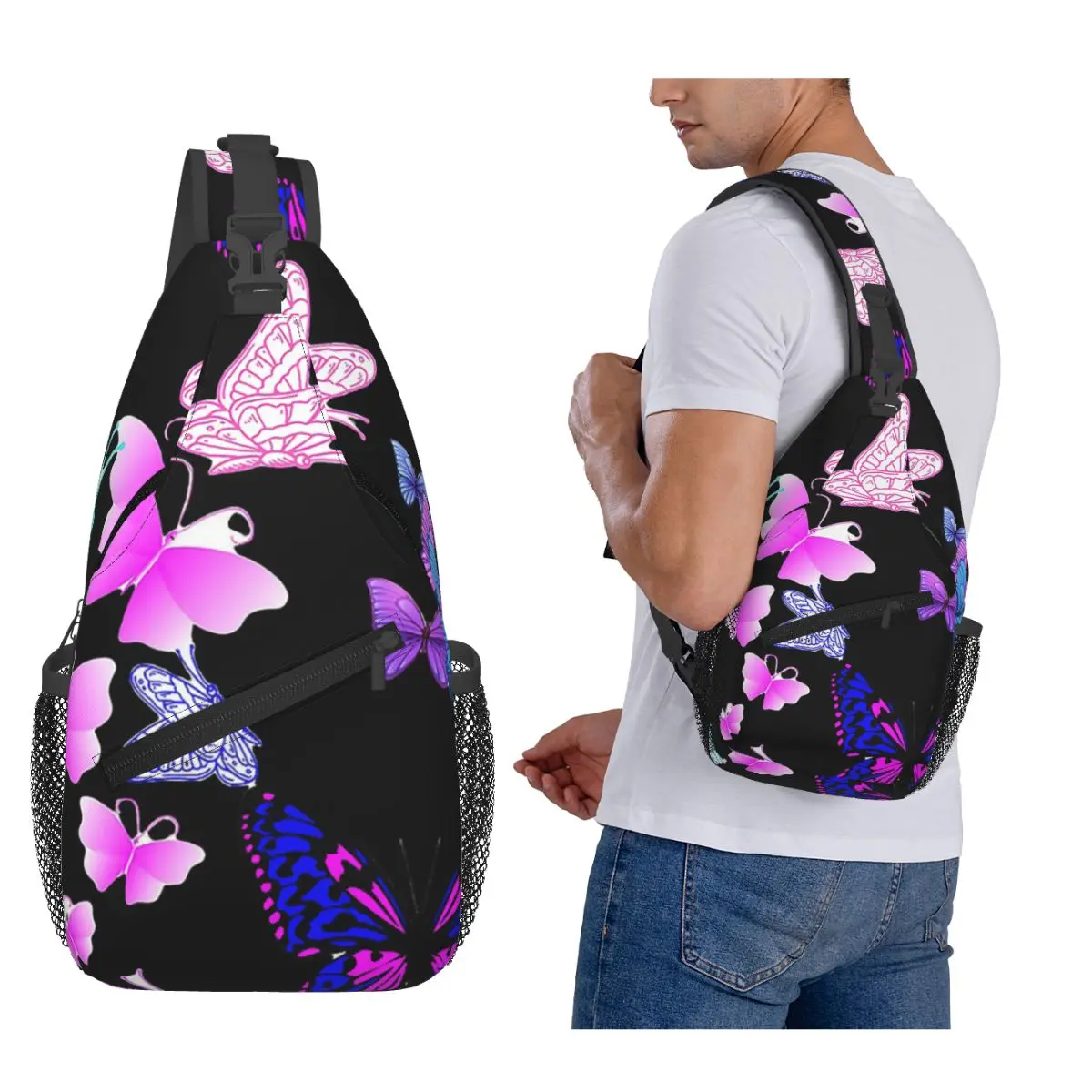 Gorgeous Butterfly Pattern Chest Bag Men Sling Crossbody Backpack Chest Bag Traveling Hiking Daypack Shoulder Bag
