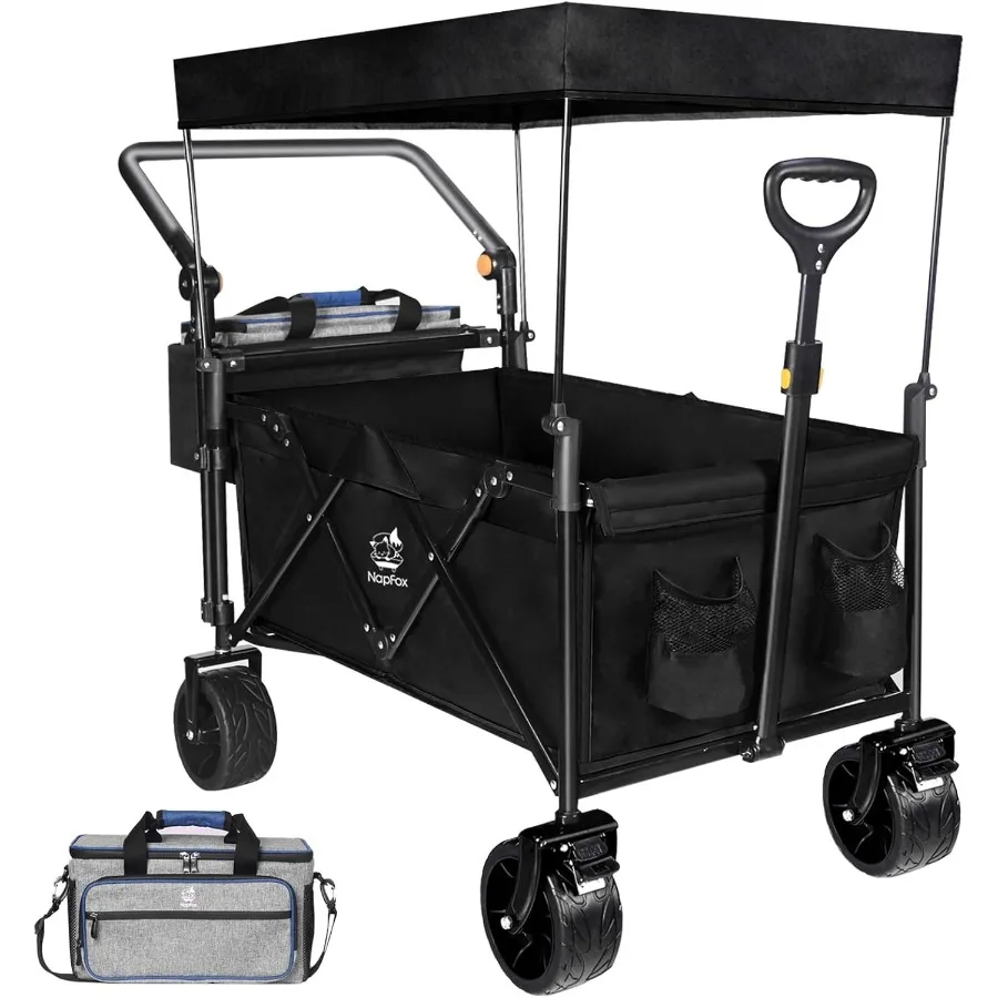 

Collapsible Wagon Heavy Duty Folding Wagon Cart with Removable Canopy 4 Wide Large All Terrain Wheels Brake Adjustable Handles