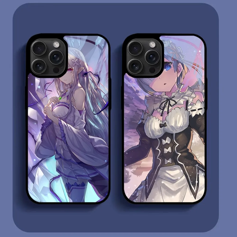 

Re Zero Rem Emilia Anime Phone Case For IPhone16 15 14 13 12 11 Pro Xs Max Mini XR X 7 8 Plus Luxury Mirror Hard Funda