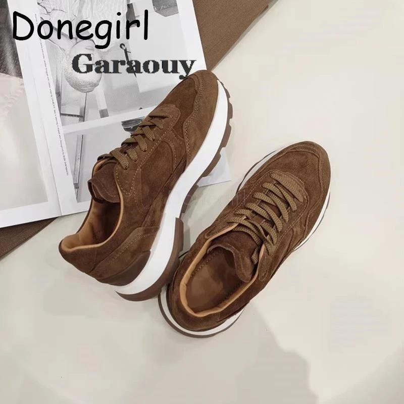 Garaouy 2024 New Women Spring Autumn Fashion Vintage Suede Lacing Flat Sneaker Simple Casual Versatile Thick Soled Shoes Female