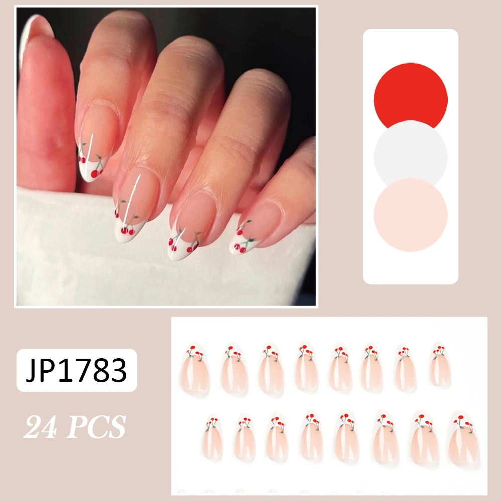 24Pcs Artificial Fake Nail Patch Hand Drawn Cherry Nail Art Fake Nail Patch Press-on Nails