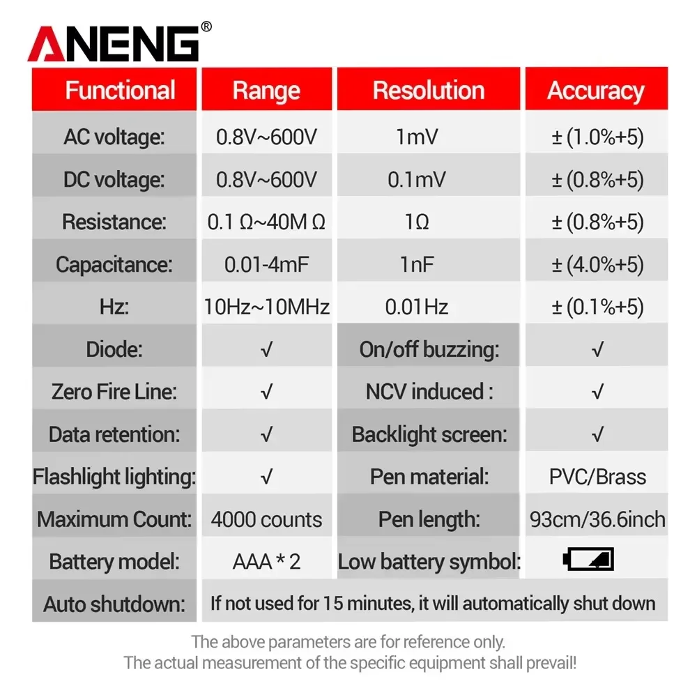 ANENG A3006 Pen Multimeter Mini Digital 4000 Counts Professional AC/DC Voltage Ohm Diode Capacitance Resistance NCV Test Tools