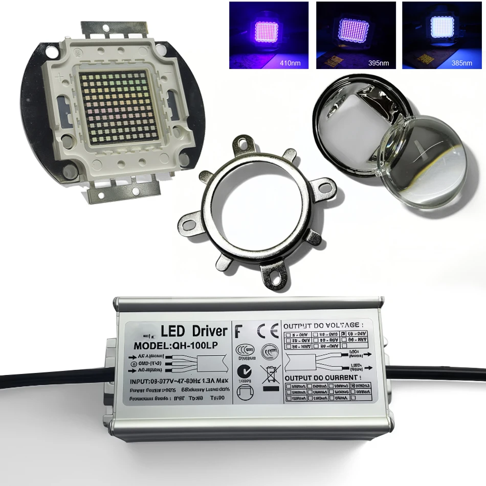 100W 365nm 395nm 410nm UV LED Lamp LED bead  SMD chip with 100W 3000mA driver 60 degree lens with Reflector Colimator kit
