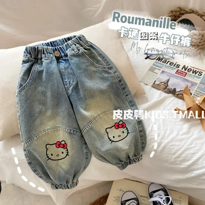 

Kawaii Hello Kitty Sanrio Autumn Cute Cartoon Children Jean Student Comfortable Warm Pants Casual Pants Christmas Gifts for Kids