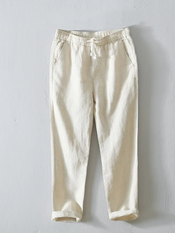 

Pure Linen Men's Casual Nine-Piece Pants Spring Autumn Loose Belted Regular Cotton Linen Waist White mid Waist Cotton Linen P...