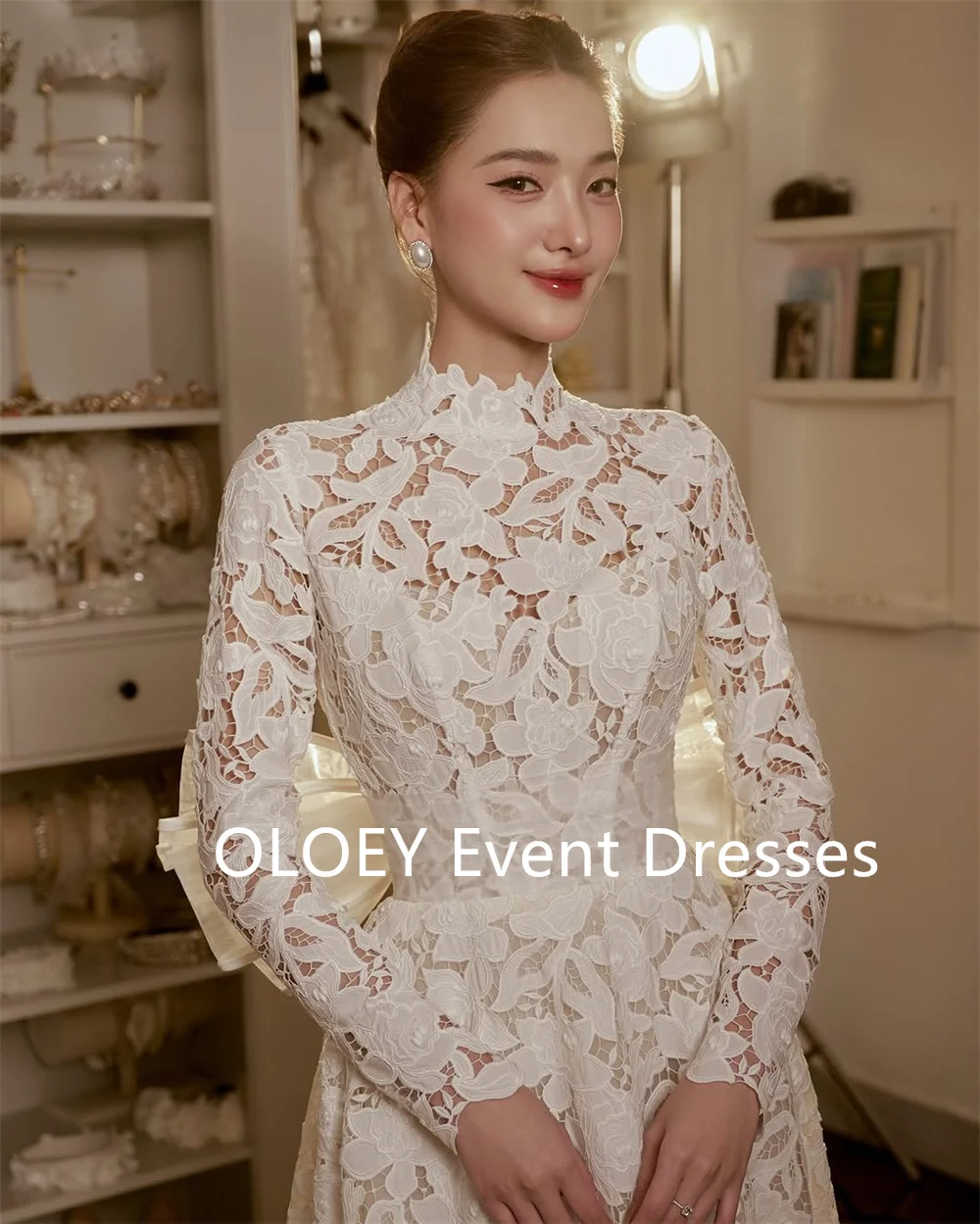 OLOEY Luxury Full Lace A Line Wedding Dresses Korea Photoshoot Floor Length Bridal Gowns Long Sleeves 2025 Women Customized