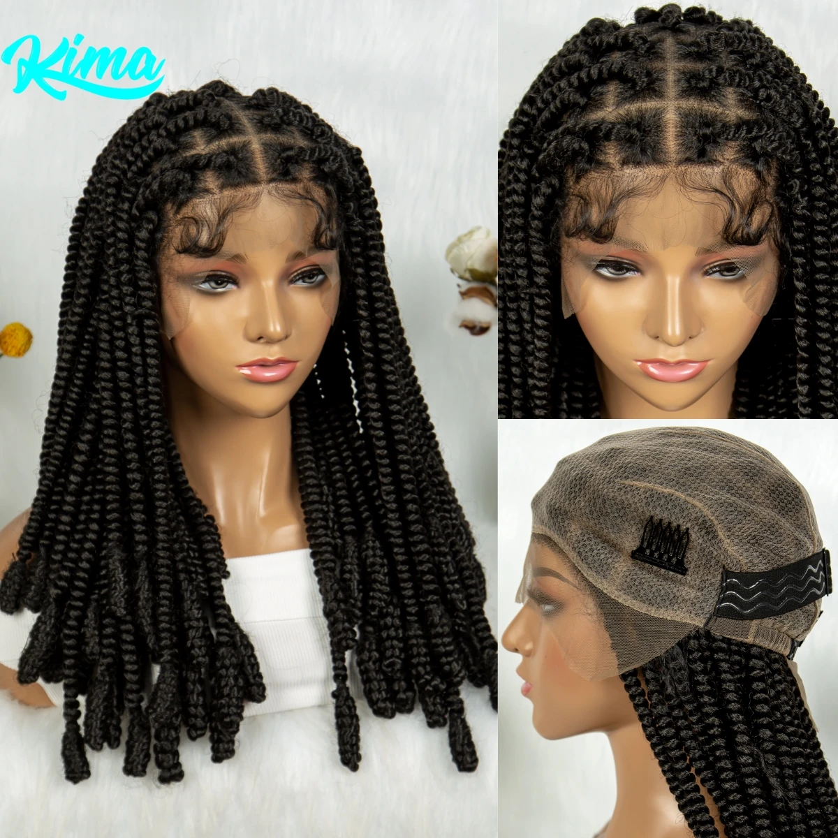 Parrucche intrecciate intrecciate in pizzo pieno da 20 pollici con i capelli del bambino Trecce sintetiche Bantu Parrucche anteriori in pizzo per donne nere Parrucche in pizzo HD naturale