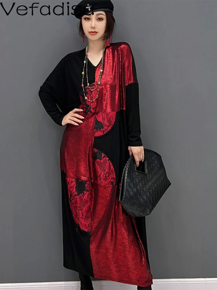 Red Women Long Sleeves V neck Dress Loose Mid-length Printing Stitching Color Leisure Dress 2024 Summer Autumn LHX2398