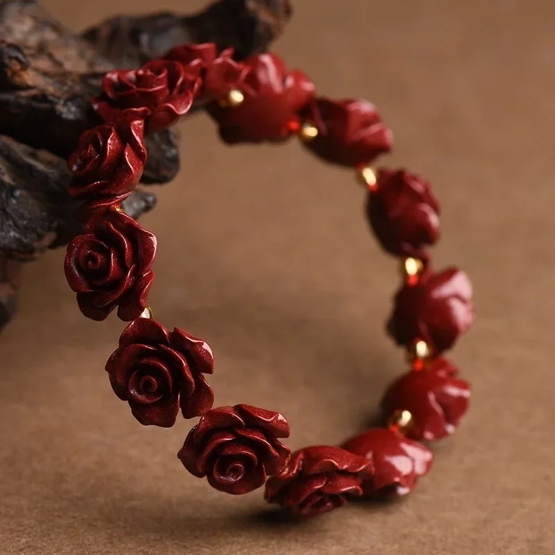 Red Cinnabar Rose Flower Beads Bracelet Designer Gift Jewelry Luxury Energy Real Vintage Bangle Natural  Amulet Customized