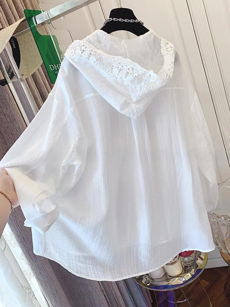 

Белая кружевная повседневная верхняя одежда с капюшоном для женщин, летняя новинка, модный топ с защитой от солнца, на молнии, с длинными рукавами, прямого кроя, пальто