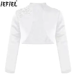 Kids Girls Long Sleeves Satin Jacket Shrug Wedding Formal Party White Bolero Exquisite Applique Cardigan Party Dress Accessory