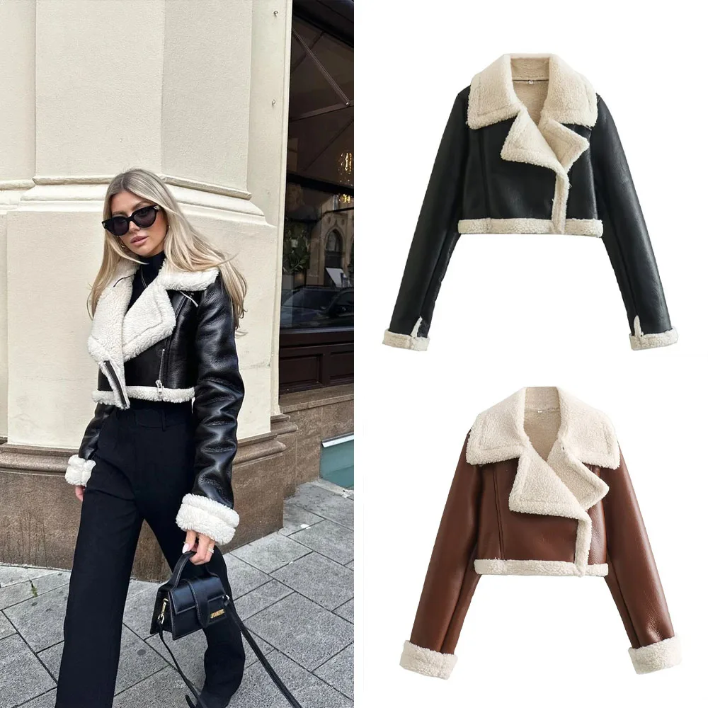 Autumn/winter New Style European American Double-sided Loose Fit Zippered Cropped Jacket Women's Leather One-piece Jacket