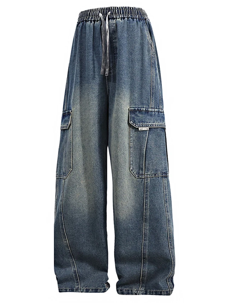 plus Size American Retro Workwear Jeans Men's Spring Autumn Loose Straight Leg Extra Large Fat Wide Leg Pants Casual Cotton P...