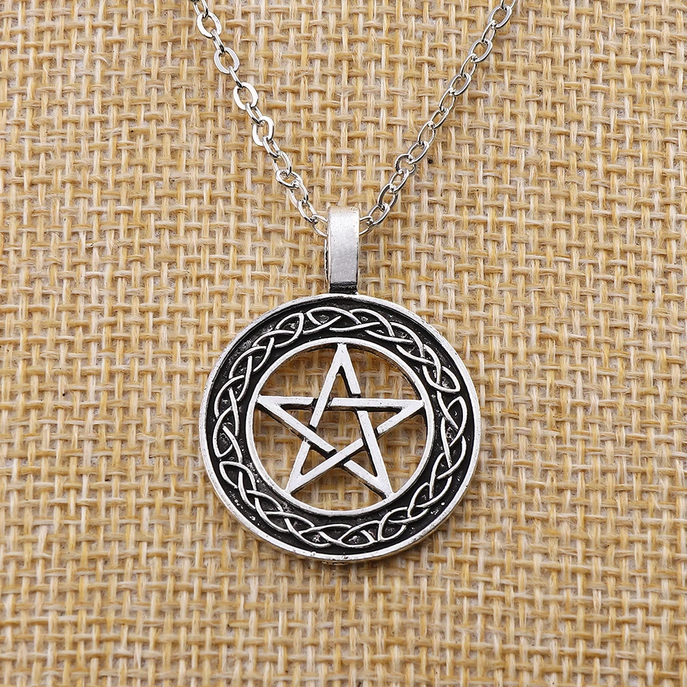 Tibetan Silver Pentacle Pentagram Celtics Knot Round Charms Pendants Necklace on Long Chain Lagenlook for Jewelry Women Men Gift