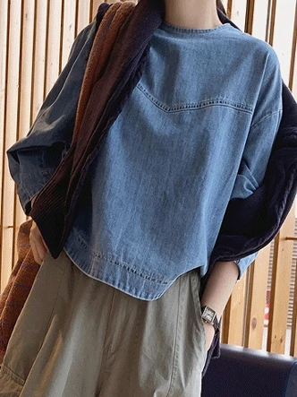 

Высококачественные женские весенне-летние круглые Ne Overhead Nine Sve Pure Cotton ort Denim irt Casual Loose Fit Cotton irt