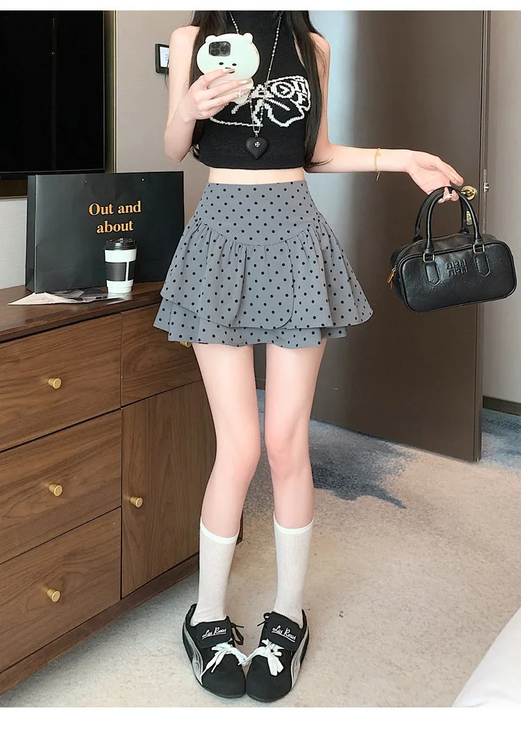 Koreanischer Stil Damen Polka Dot Minirock Hohe Taille Rüschen A-Linie Lässiger Pendler-Kurzrock mit Innenfutter – Detail 12