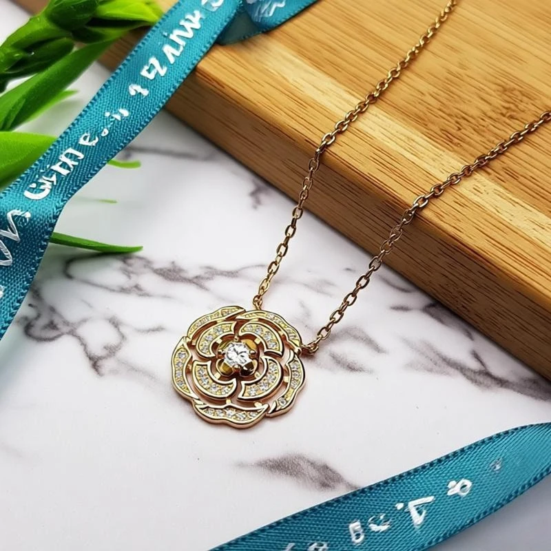 

18K white gold rose gold necklace, ladies' diamond-set rose collarbone necklace, camellia necklace