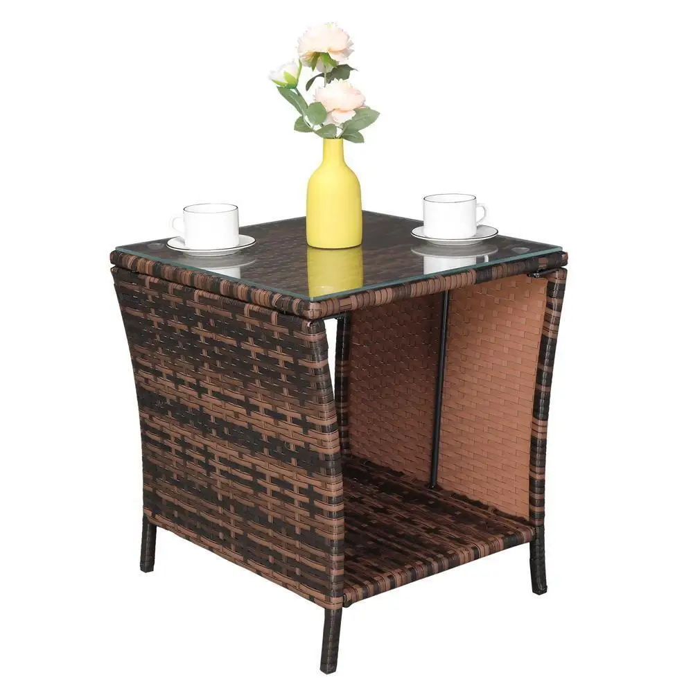 Wicker Rattan Square Side End Coffee Table Patio w/Glass Top Garden Furniture