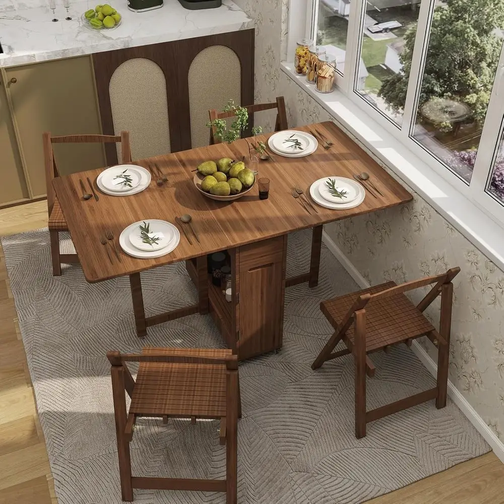 

Dining Table Set for 4 with Chairs, Storage Drawers, Adjustable Height, Locking Casters, Easy Drop Leaf for Small Spaces (Walnut