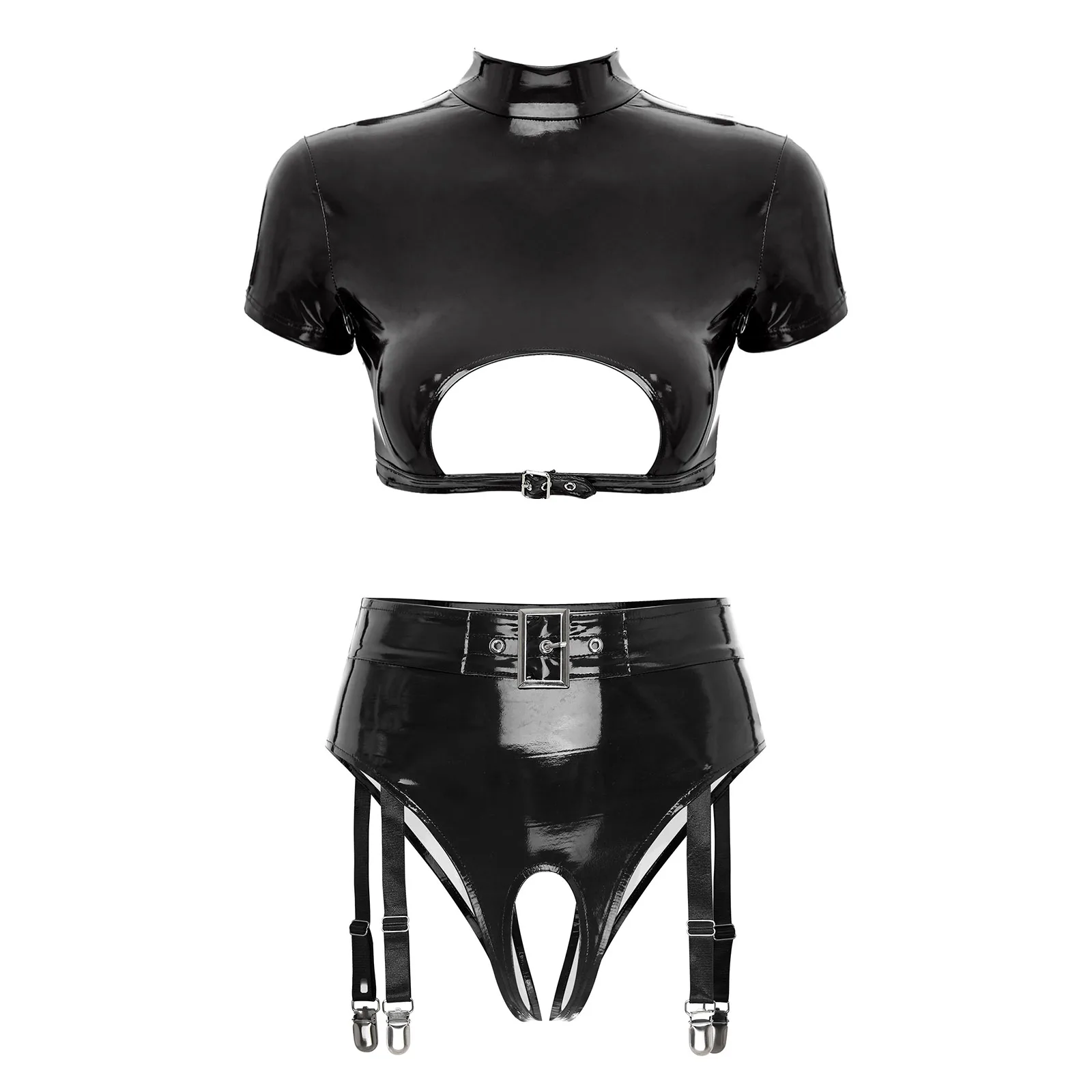 

Womens Wet Look Patent Leather Lingerie Short Sleeve Cutout Crop Top Open Crotch Panties Underwear with Garter Clips Clubwear