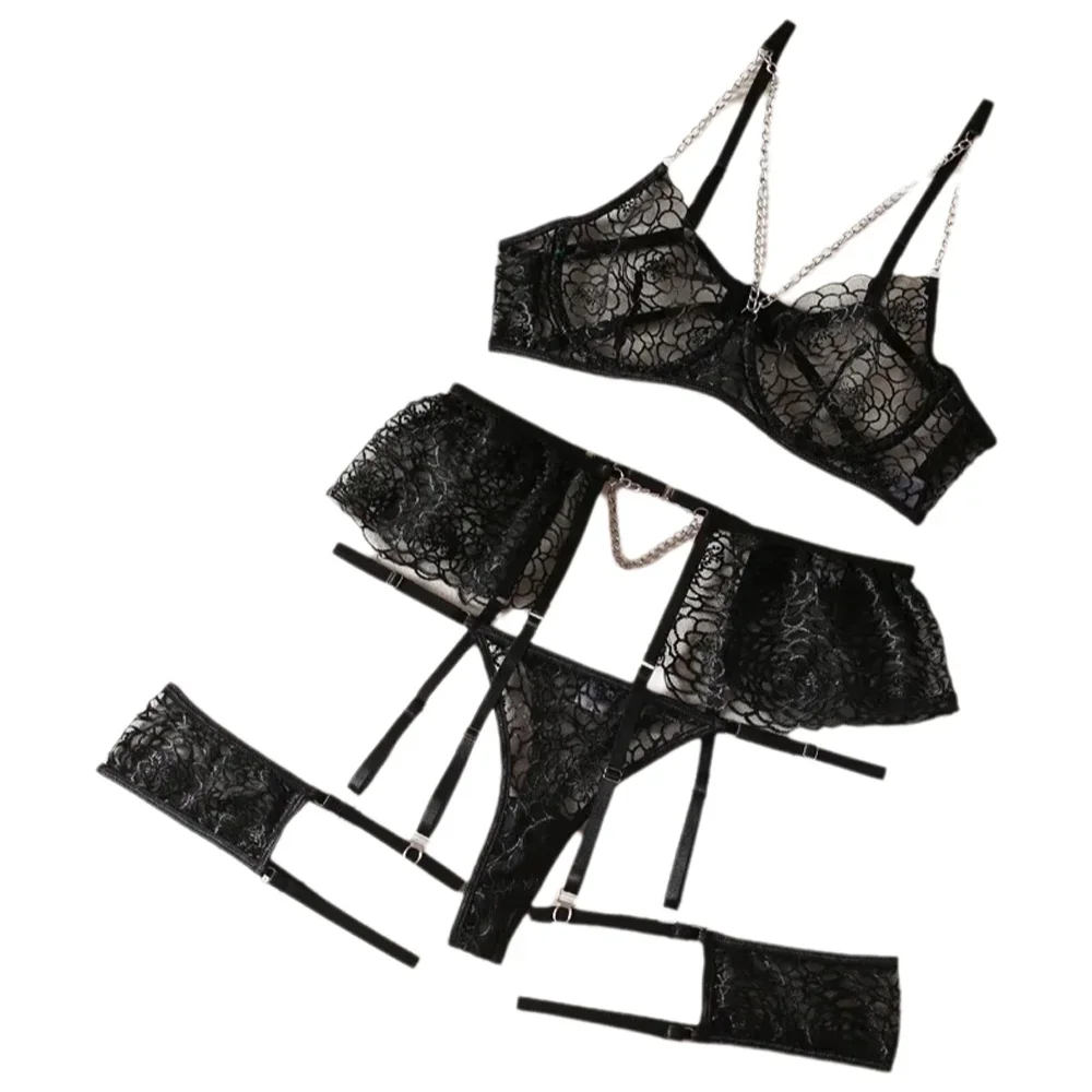 MeiKeDai Lace Lingerie Sexy Fancy Underwear 3-Piece Delicate Luxury Erotic Sets With Chain Bra And Panty Set Garters Intimate