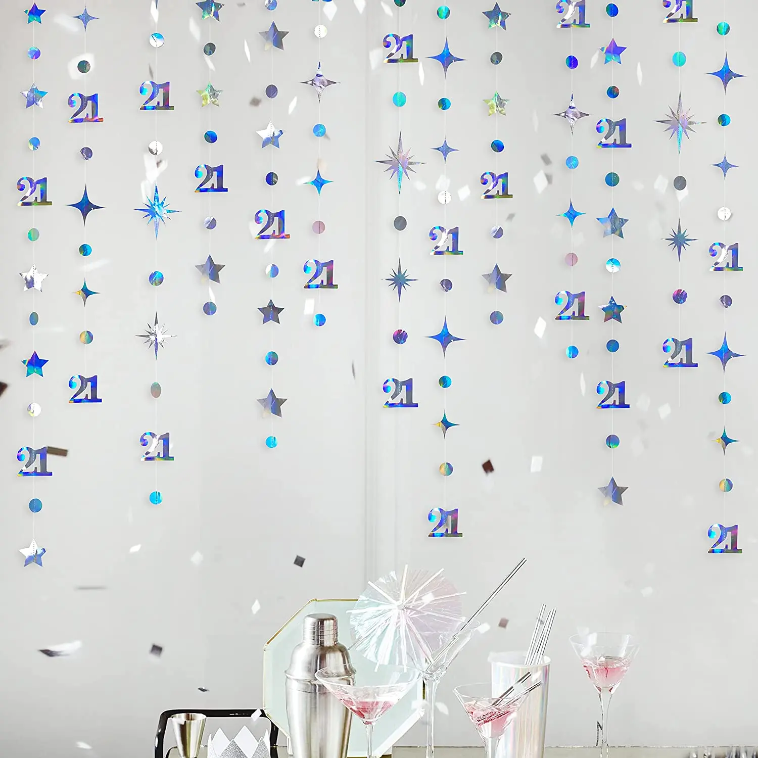 

Iridescent 21th Birthday Decorations Paper Circle Twinkle Star Garland Hanging Streamer Backdrop Girls Happy 21 Year Old Banner