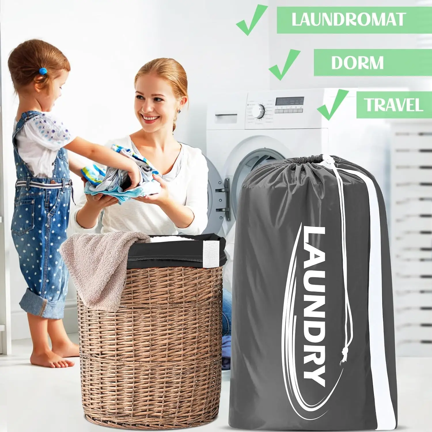 حقيبة غسيل مقاس XL مع حزام، حقيبة غسيل للسفر شديدة التحمل، حقيبة كتف للملابس القذرة مع رباط، سهلة الاستخدام