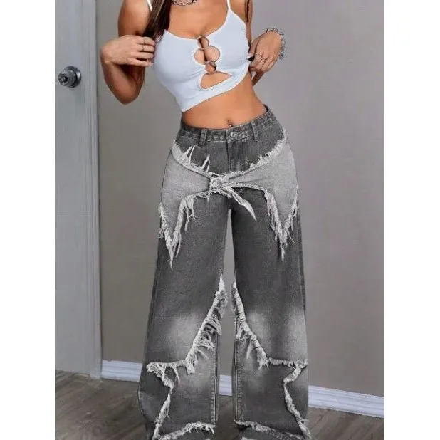 

Retro American Star Spliced Heavy Weight Denim Jeans Women's Straight Leg Eighteen Pants Spring Tour Youth Vitality Style