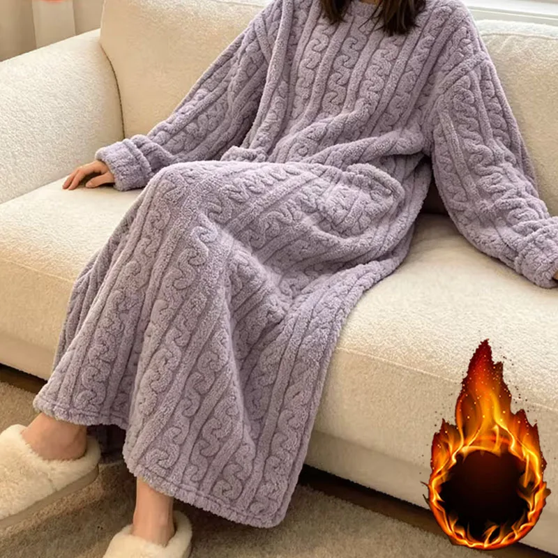 Women Fleece Coral Nightdress Autumn Winter Thermal Thickened Warm Loose Sleepwear Loungewear House Robe Wearable Bedroom Comfy