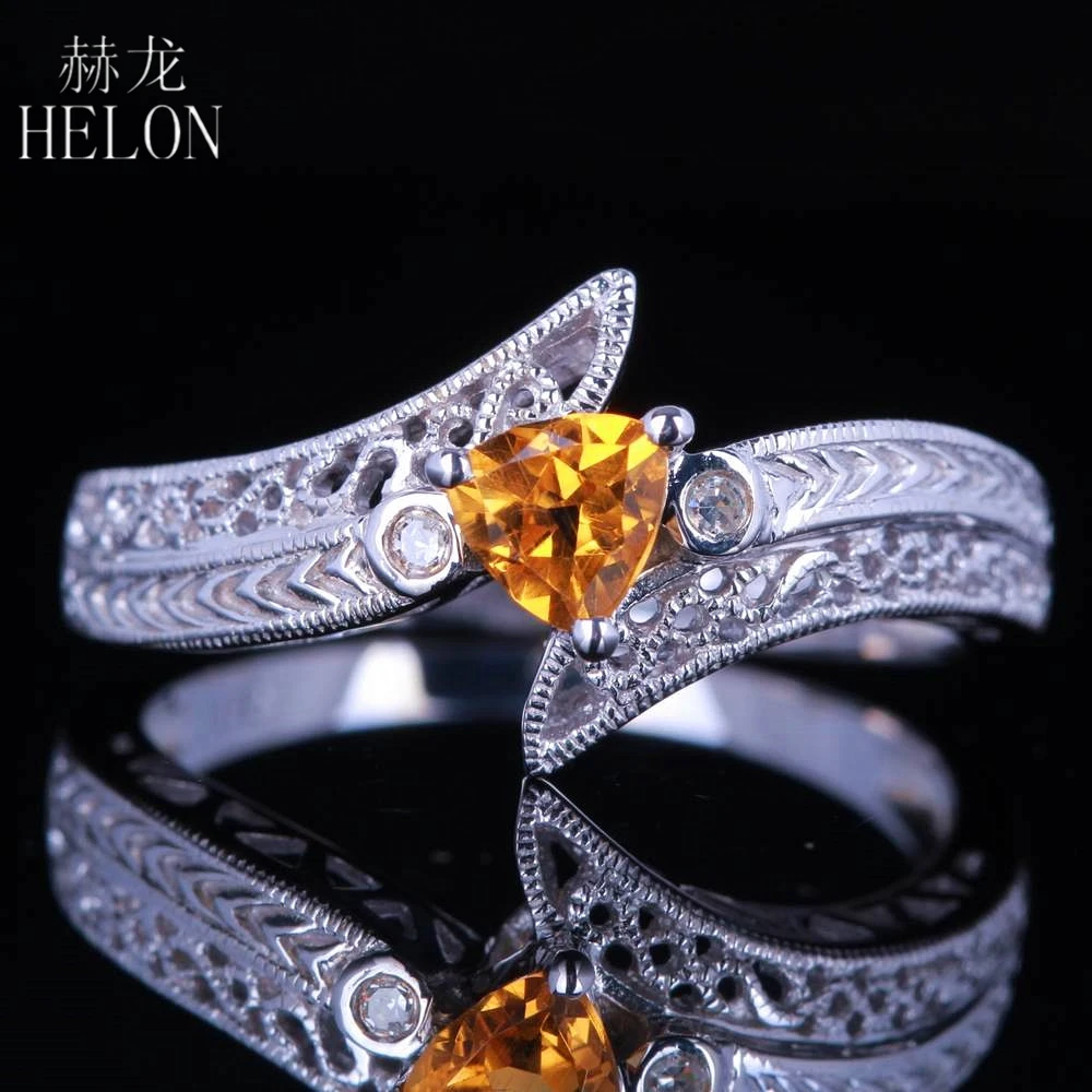 

HELON Solid 10K White Gold 4.5mm Trillion Cut Genuine Natural Citrine Diamond Engagement Wedding Ring Women Vintage Fine Jewelry