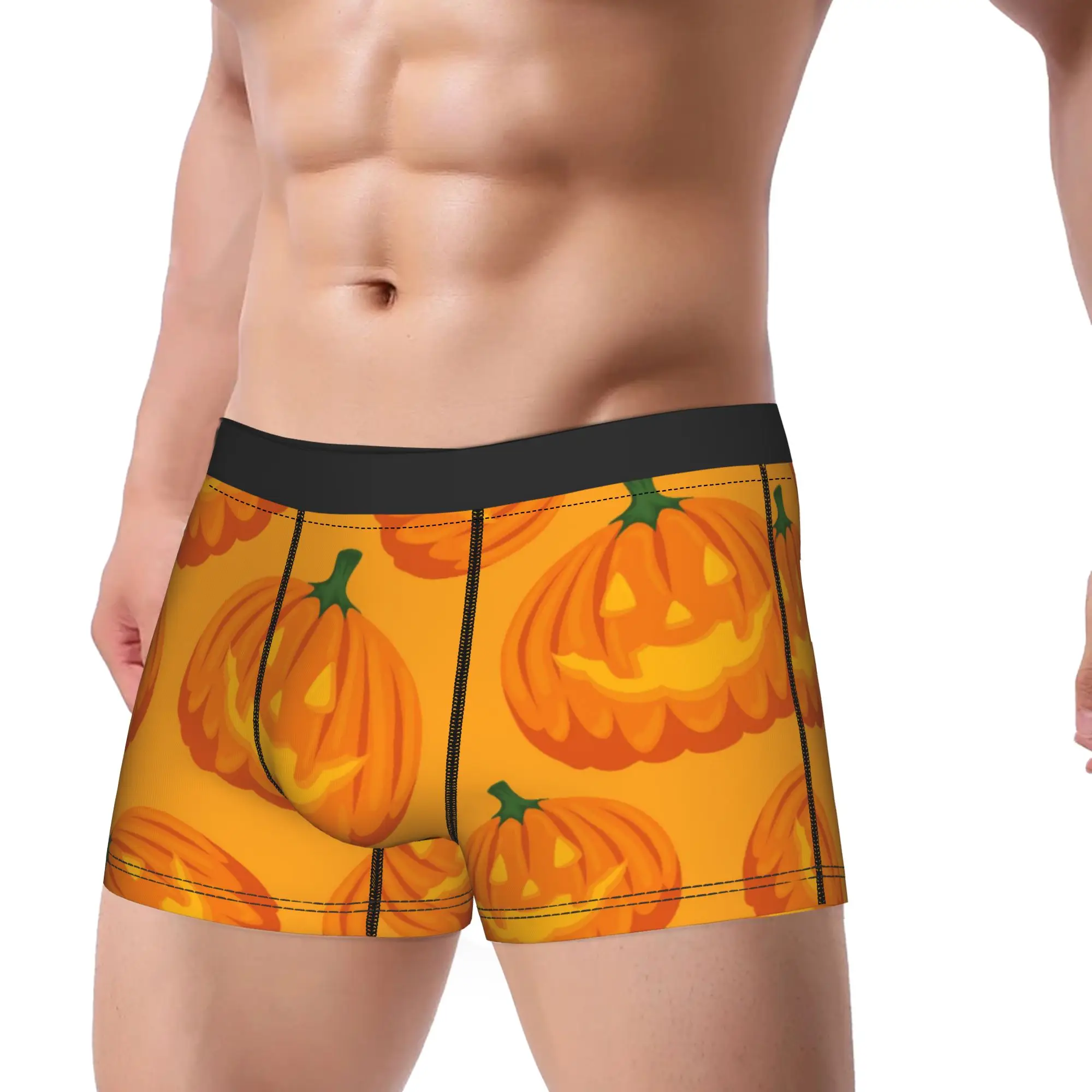 Men Halloween Pumpkin Smile Pattern Long Underwear  Sexy Boxer Briefs Shorts Panties Male Soft Underpants Plus Size