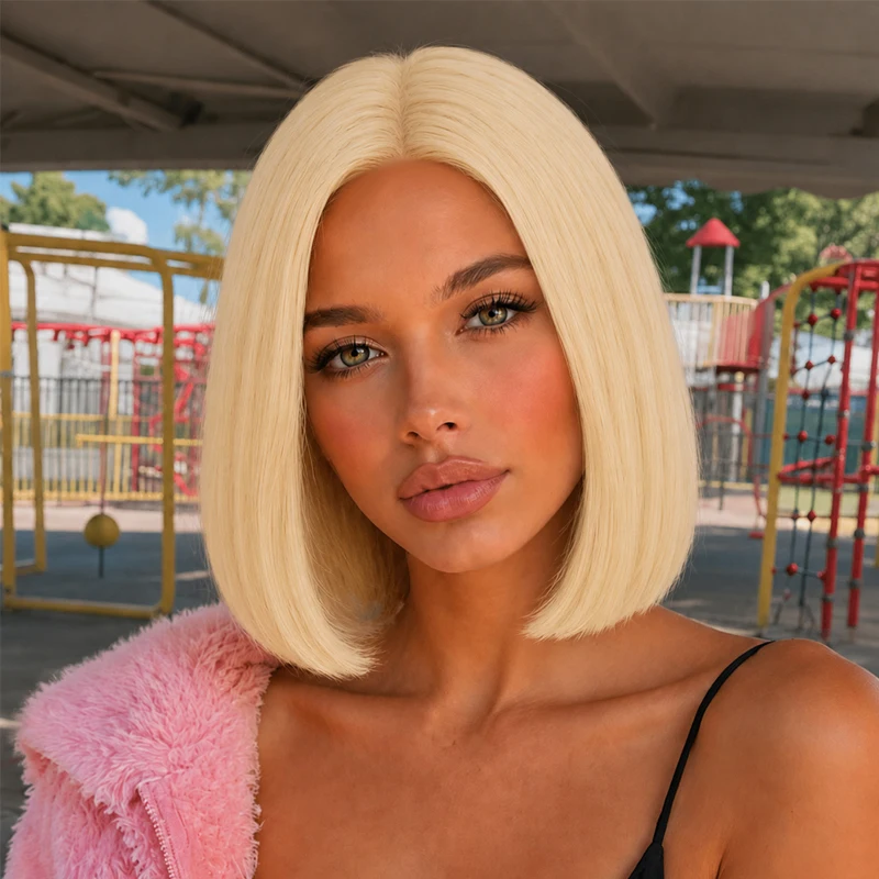 12-inch gold center-parted synthetic wig for women, perfect for parties, Halloween, and Christmas celebrations.