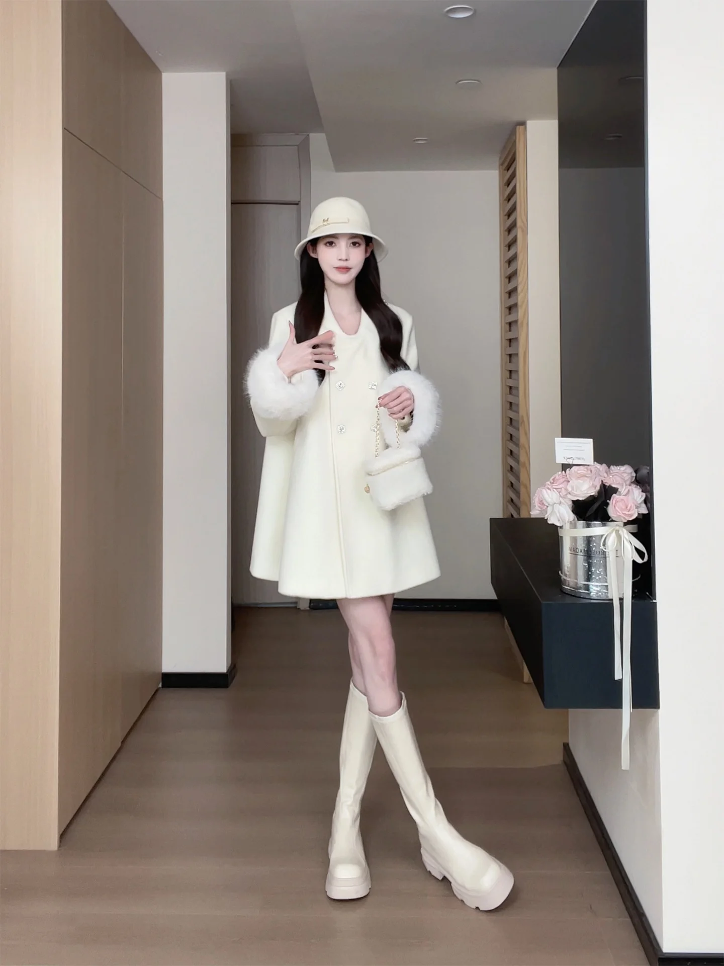 

Soft Double-Faced Woolen Coat with Furry Sves Medium-Length Women's Faion Autumn Winter Outerwear Gentle Ele Sle